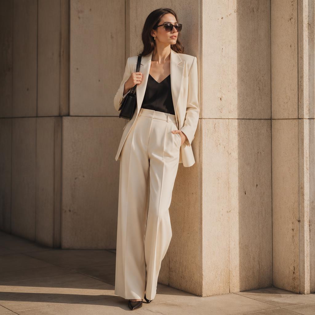 Woman wearing a cream tailored blazer, black top, and gold accessories