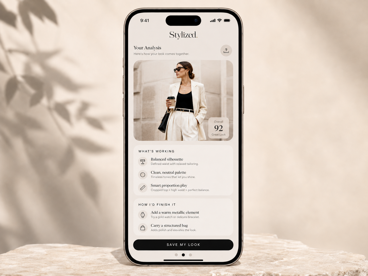 Stylized mobile screen showing an outfit analysis and finishing recommendations