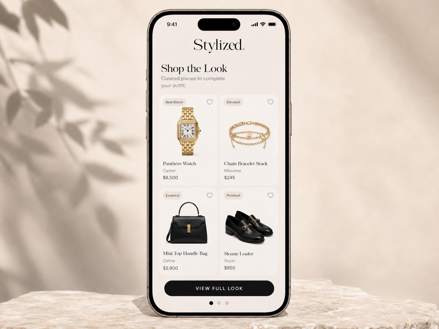 Stylized mobile screen showing curated shopping recommendations for an outfit